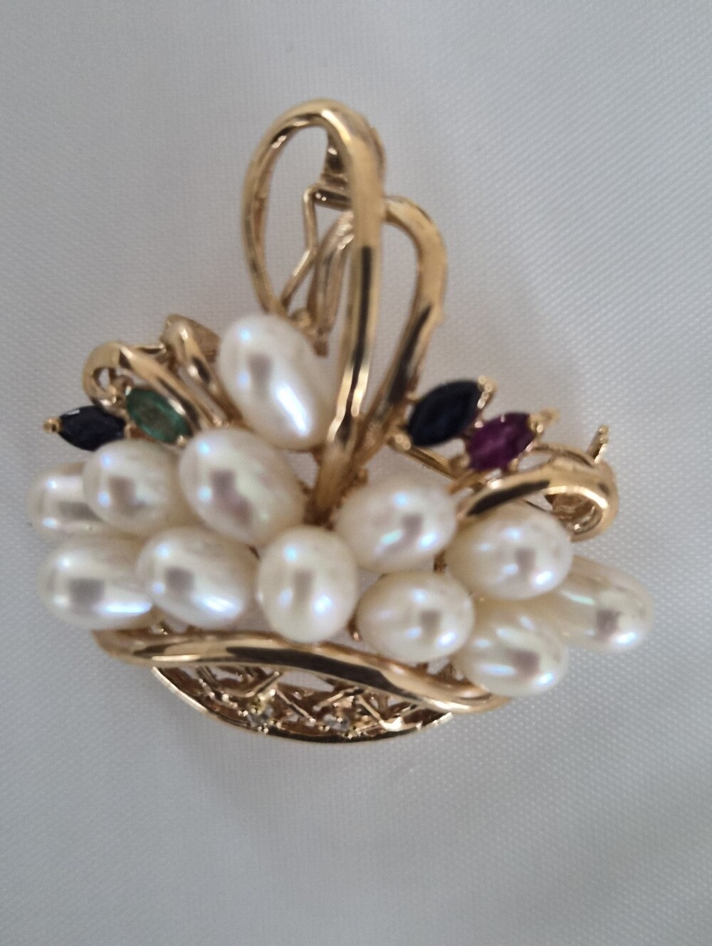 14k Gold W/Pearl Basket Brooch with Multi-Colored  Gem Stones & Diamonds